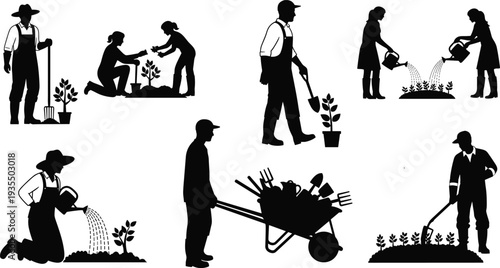  Silhouette illustrations of people gardening, including planting, watering, pushing wheelbarrow, and tending soil, showcasing teamwork, outdoor activity, tools, and nature care in diverse poses.