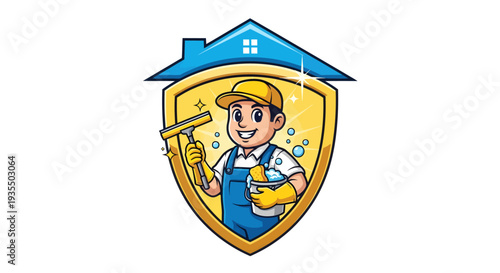 Professional Cleaner Man Holding Squeegee and Bucket Emblem.