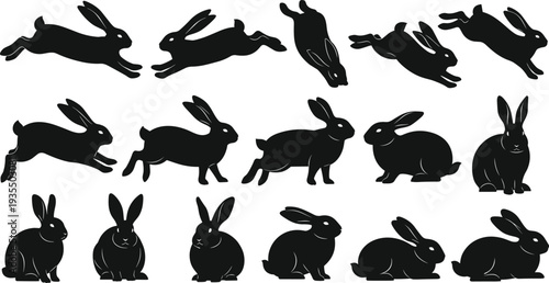  ollection of fifteen rabbit silhouette illustrations in leaping, running, sitting, and resting poses, showcasing animal motion, wildlife behavior, and artistic design versatility.