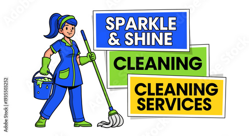 Professional Cleaning Services Sparkle and Shine Woman with Mop.