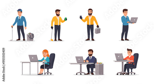 Collection of diverse business characters working and leisure activities