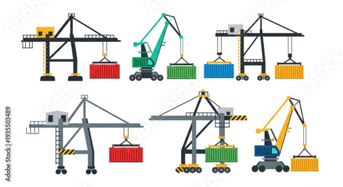 Set of Industrial Cranes for Loading and Unloading Cargo Containers.