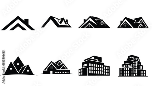 A collection of modern house and building silhouettes on a white background