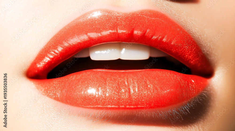 Obraz premium Close Up of Glossy Red Lips with Perfect Makeup and Smooth Skin