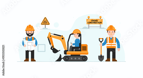 Construction team with excavator and signs working on site