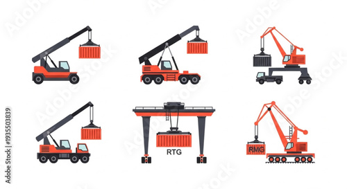 Set of various industrial cranes lifting shipping containers.
