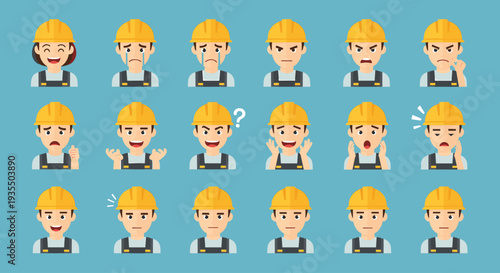 Construction worker avatars showing diverse emotions and expressions