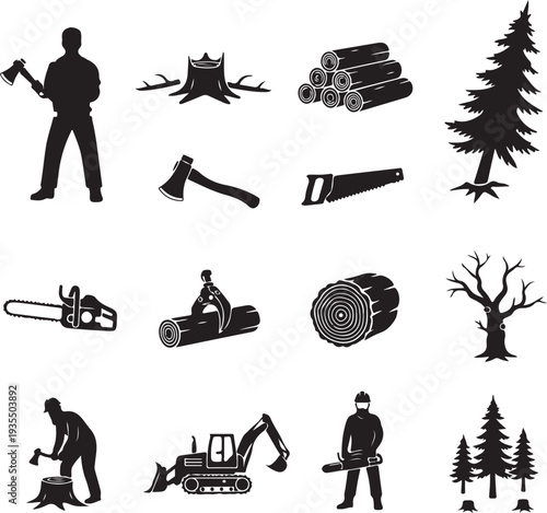Logging and forestry icons featuring various tools and trees