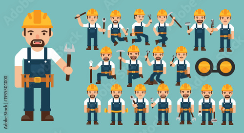 Construction worker characters with tools in various poses
