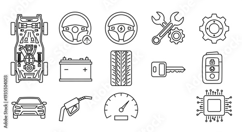 Collection of automotive service and repair icons in line art style.