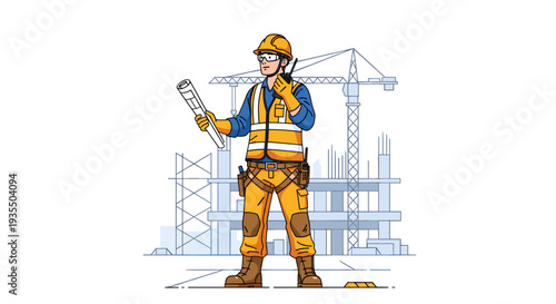 Construction worker holding blueprints and walkie-talkie at building site