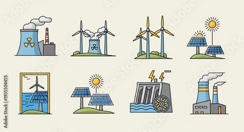Set of icons representing different types of renewable and non-renewable energy sources.