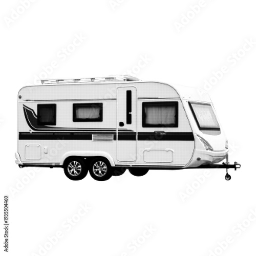 Travel caravan trailer in halftone style. Monochrome dotted vector illustration of camper vehicle used for road trip, camping and vacation travel. Retro recreational transport isolated on white.