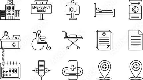 Hospital and Clinical Services Line Icon Set with Emergency Room ICU Patient Admission Wheelchair and Medical Records Symbols