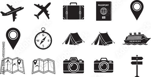 Travel and Tourism Icon Set with Airplane Flight Passport Navigation Map Cruise Ship Camping Tent and Photography Equipment Symbols
