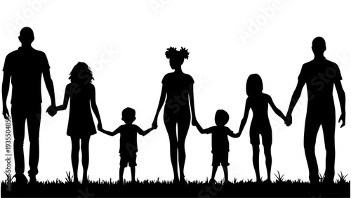 Blended family walking hand in hand on grassy field