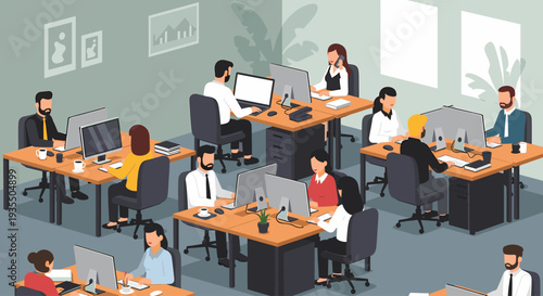 Business people working in a busy open plan office