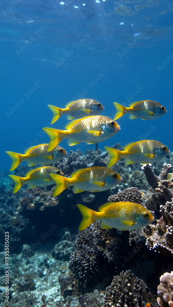Obraz premium School of Yellow Tropical Fish Swimming Gracefully among Vibrant Coral Reef in Clear Blue Ocean Water, Underwater Marine Life Photography