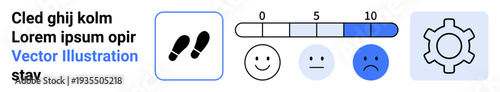 Steps icon, emotion tracker with scale, happy faces, and settings gear. Ideal for fitness, self-care, emotional health, survey, progress monitoring productivity tracker simple landing page