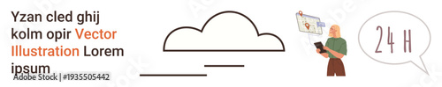 Cloud computing, data storage, technical support, online services, workflow management, communication. Cloud with lines, person with tablet and alert bubble. Cloud computing and data storage context