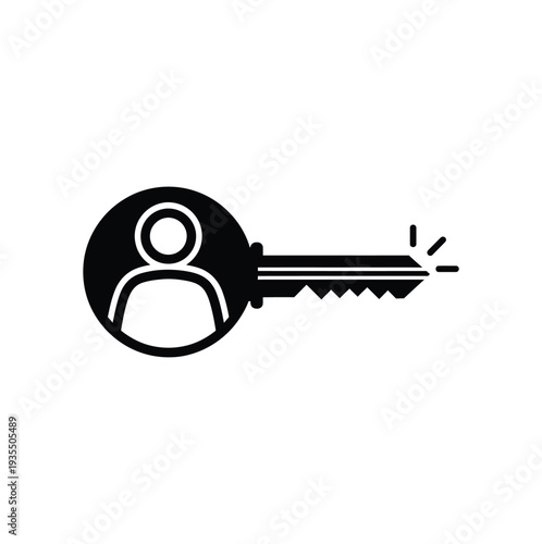 Simple black and white illustration of a key with a person icon on its head, symbolizing access or ownership, viewed from the side.