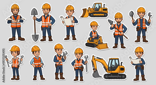 Cartoon construction workers, builders, and heavy machinery set