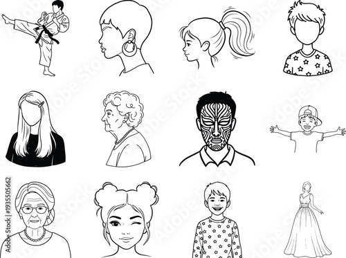 Black and white line of people in various poses and outfits 6