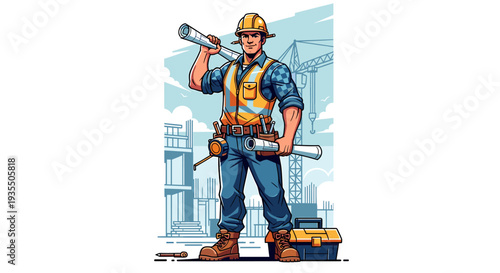 Confident construction worker holding blueprints at building site