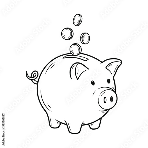 A cute piggy bank illustration shows coins dropping into the slot, symbolizing savings and financial growth concepts.