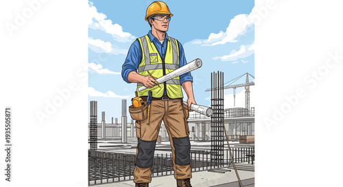 Construction engineer holding blueprints on building site illustration