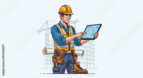 Construction engineer reviewing building plans on tablet at site