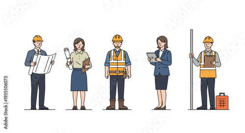 Construction workers and engineers standing with tools and blueprints