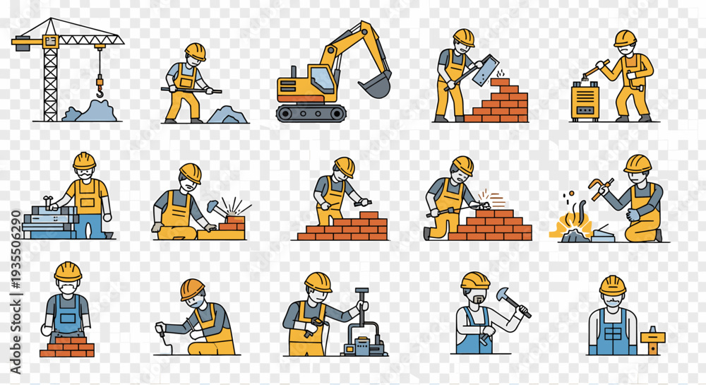 Fototapeta premium Construction workers and equipment flat design icons collection