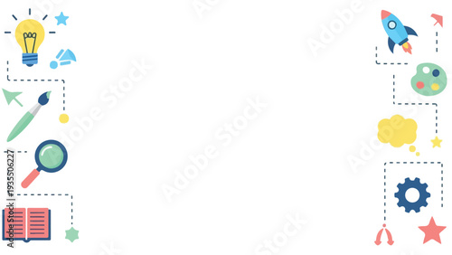 A colorful infographic illustration with various icons and symbols connected by dotted lines on a white background.