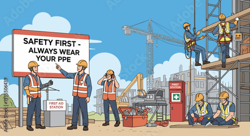 Construction workers demonstrating safety and PPE at building site