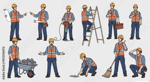 Construction workers in safety gear performing various job tasks