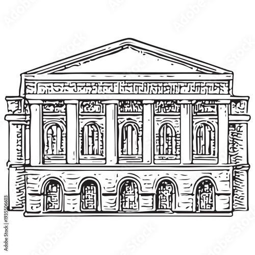 Vintage Classical Theater Building Engraving Illustration Opera House Architecture Icon