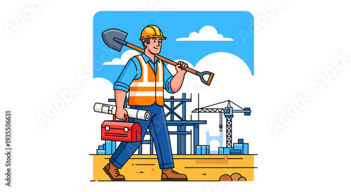 Construction worker walking with shovel and tools at building site