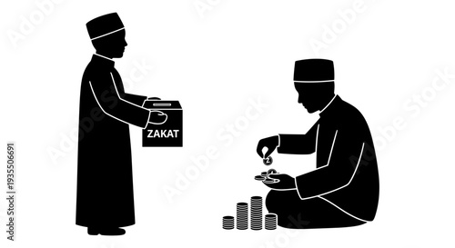 Man assisting another person with collecting donations in a traditional setting Vector, illustration