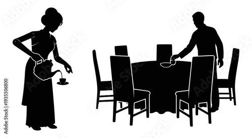A woman serving two people dining at a table with laptops open in front of them Vector, illustration