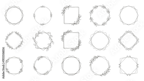 Delicate hand drawn floral and geometric frames in black ink provide a versatile collection of borders for elegant stationery.