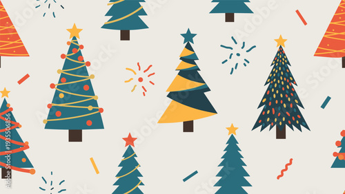 Seamless Christmas tree pattern features various stylized pines with festive ornaments and stars for holiday wrapping paper design.