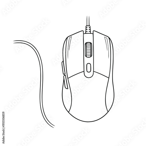 Computer mouse with a scroll wheel and side buttons is shown from above as a technical outline drawing connected to a visible wire.