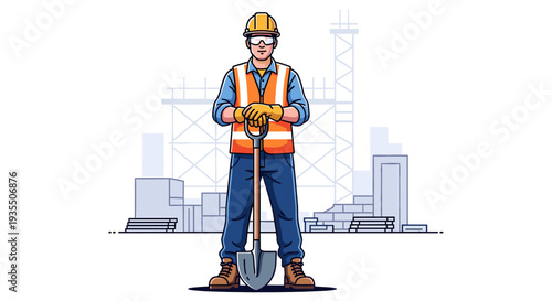 Construction worker with shovel standing at building site illustration