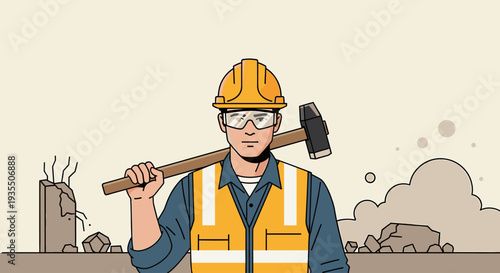 Construction worker with sledgehammer ready for demolition job