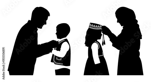 Parents assisting a child with school uniform preparation for the first day. Vector, illustration