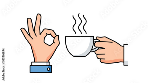Businessman making an okay hand sign next to a hand holding a cup of steaming coffee signifies a successful morning start.