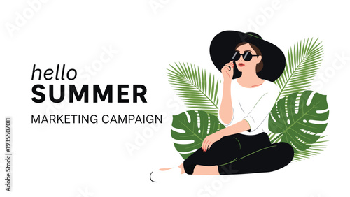 Stylish woman wearing a black wide brimmed hat and sunglasses sitting amidst tropical monstera and palm leaves for a summer marketing banner.