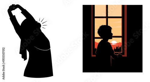 Silhouettes of a woman stretching and gazing through a window at sunset Vector, illustration