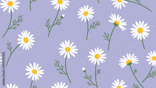 Beautiful seamless floral pattern featuring white daisy flowers with yellow centers and green leaves scattered on a soft purple background.